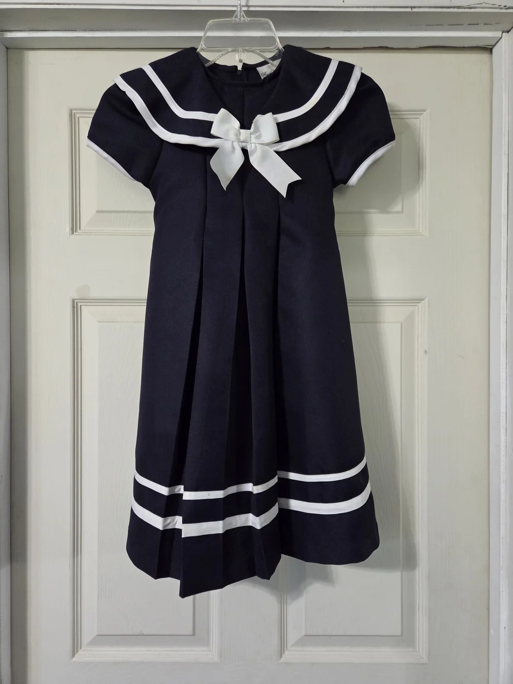 Rare Editions Girls Navy Blue Nautical Sailor Dress Pleated White Bow Trim
